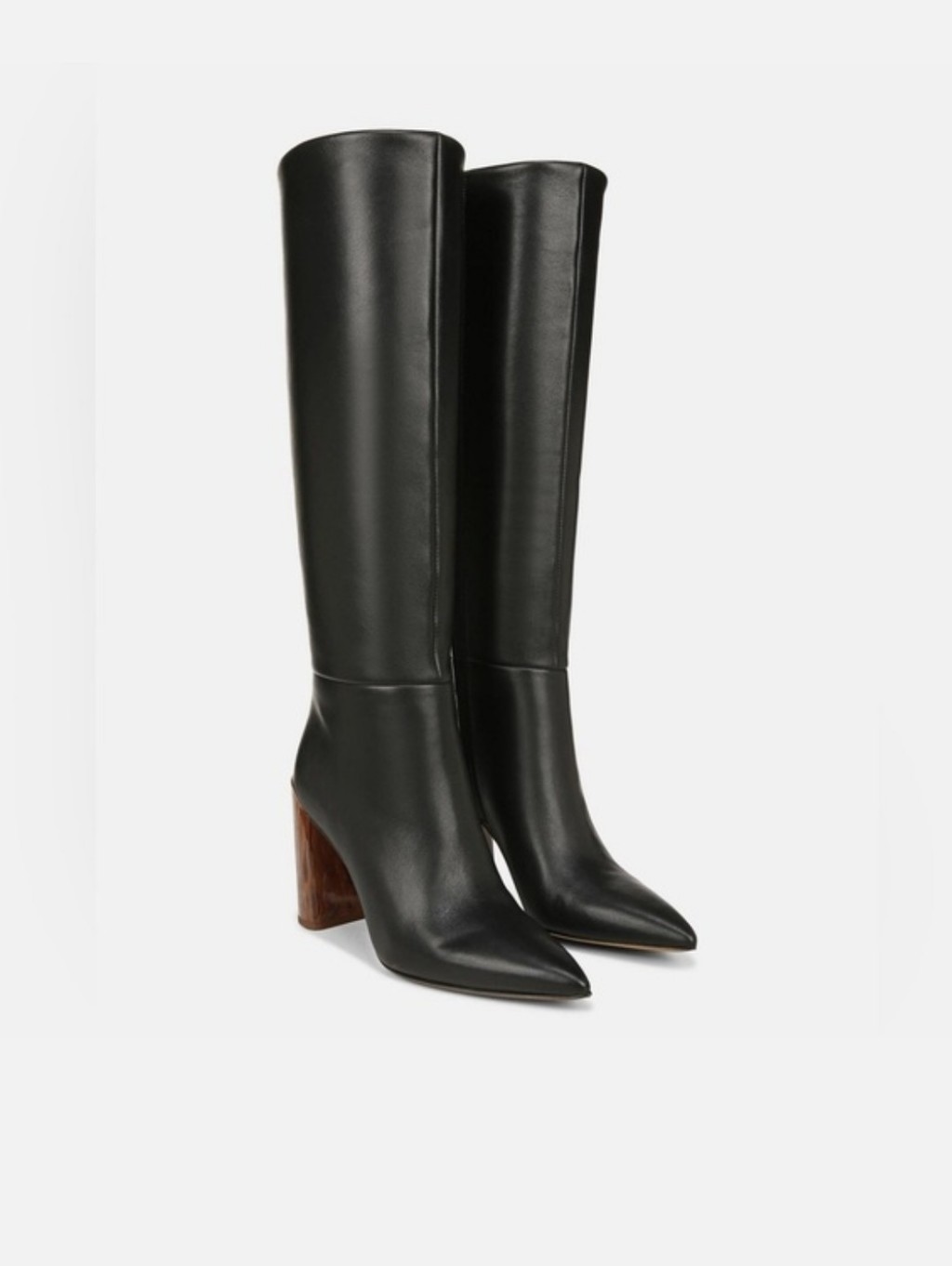 New Vince Pilar Black Knee-High Pointed Toe Leather Boots With Block Heel Sz 7